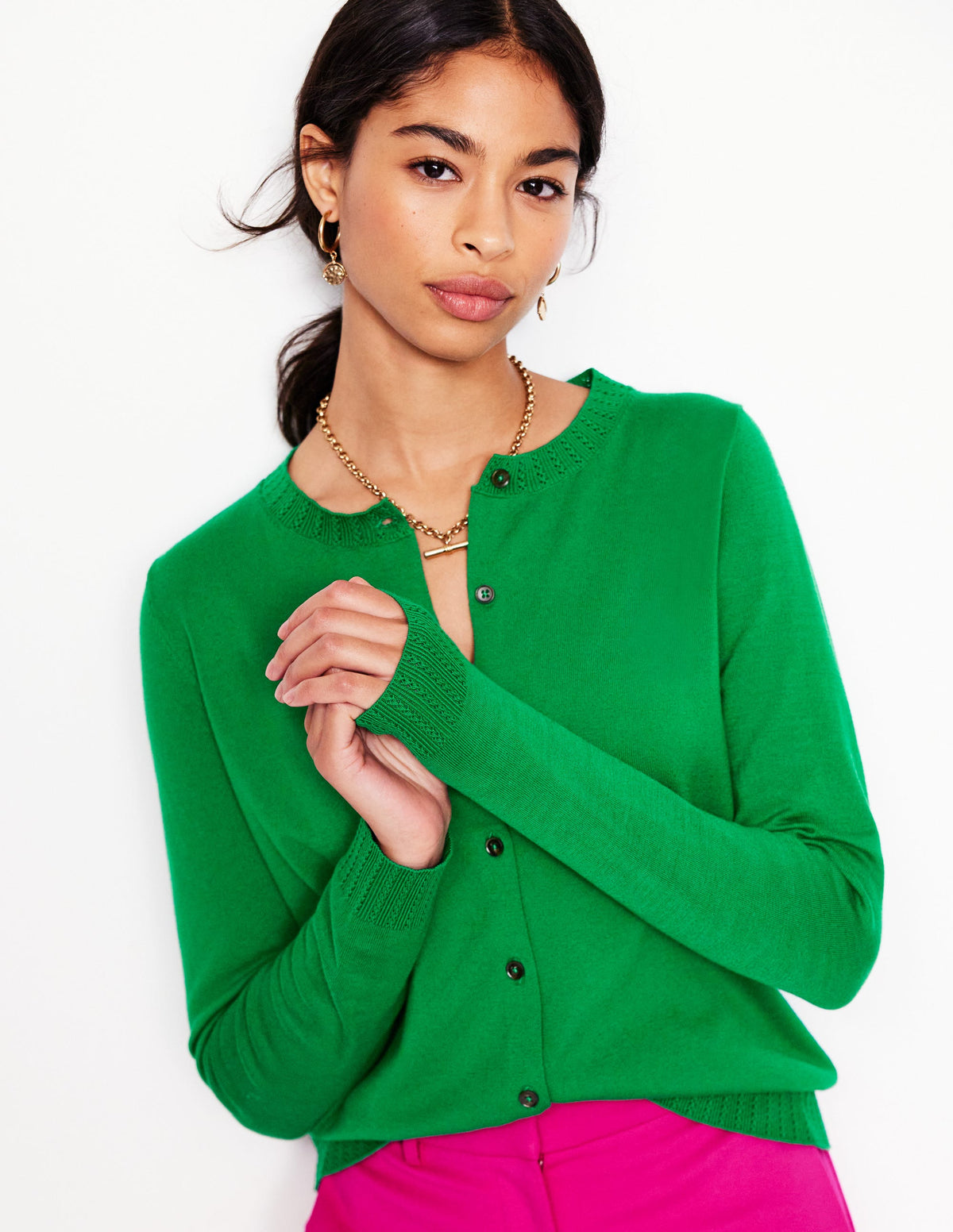 Emilia Cotton Crew Cardigan-Rich Emerald - Image 1
