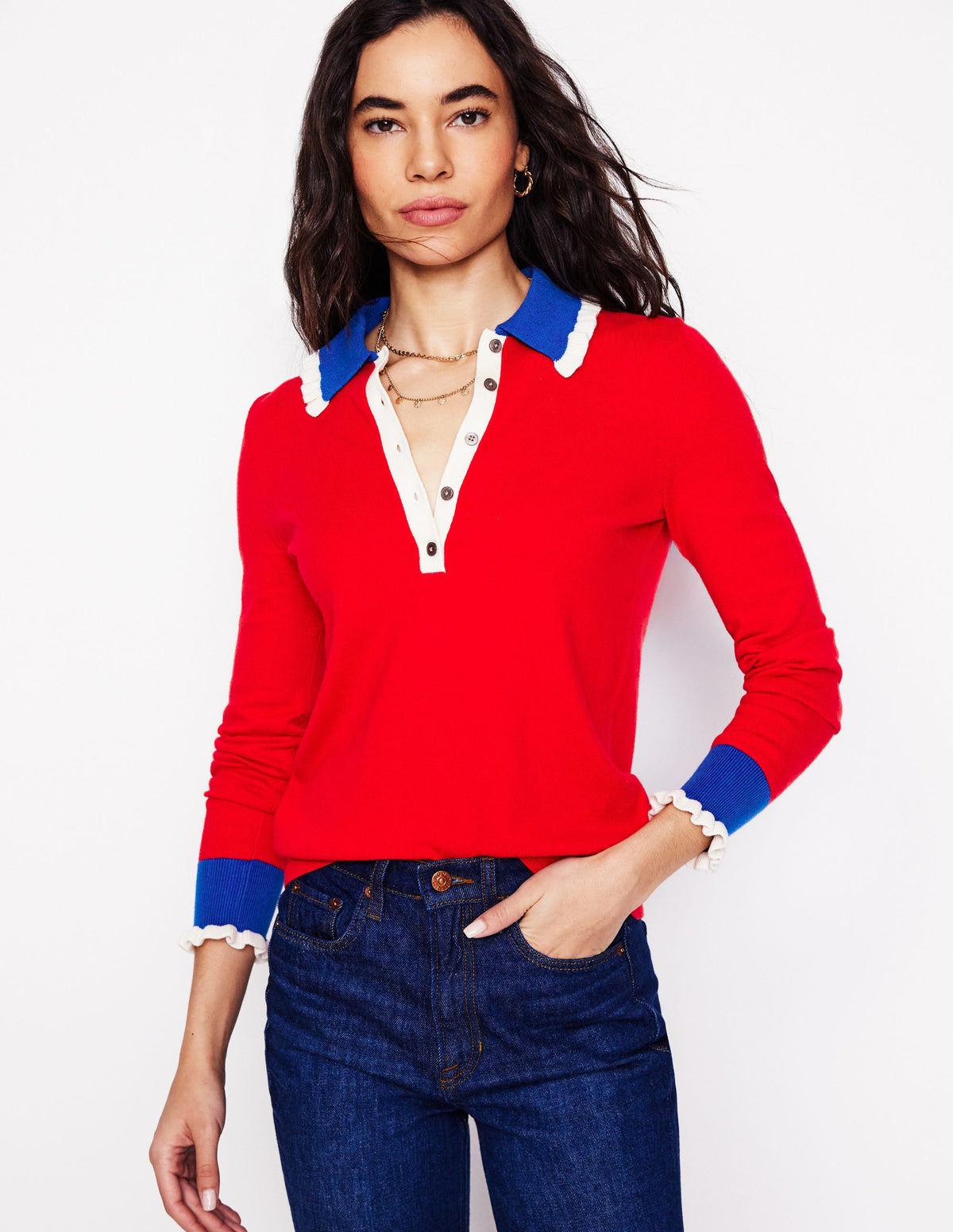 Cotton-Blend Frill Sweater-Poppy Red - Image 1