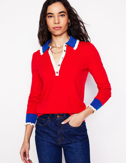 Cotton-Blend Frill Sweater-Poppy Red