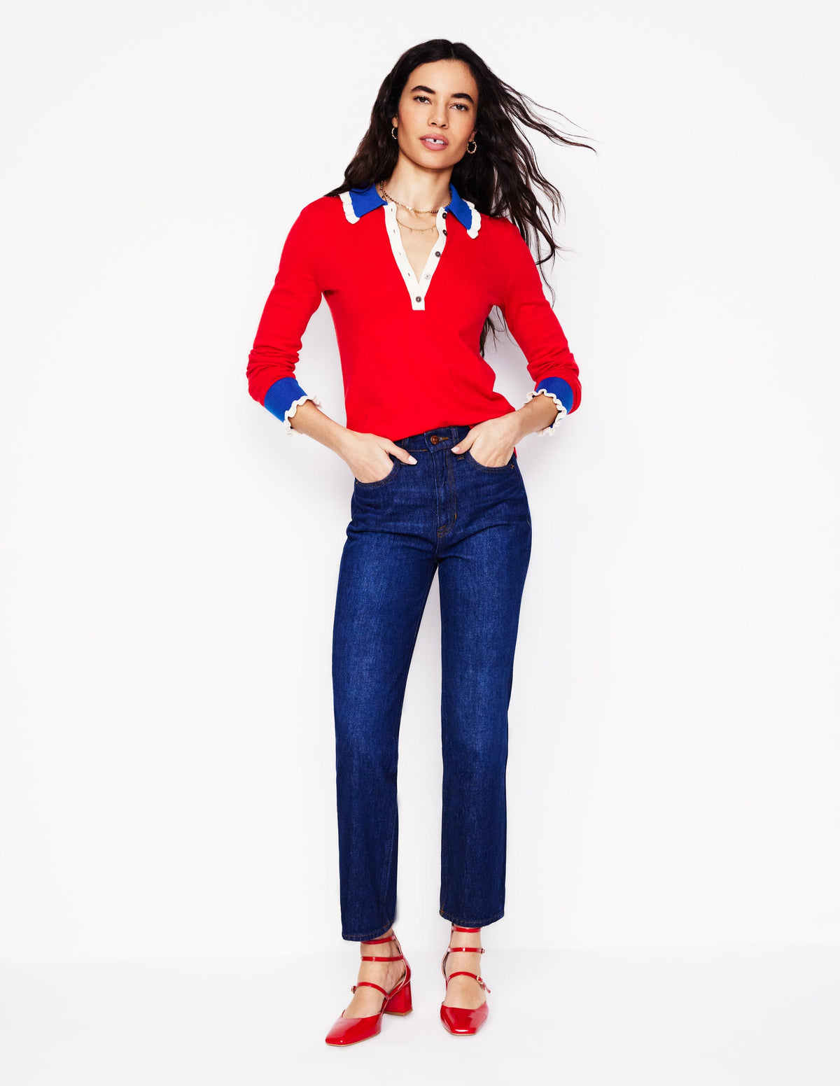 Cotton-Blend Frill Sweater-Poppy Red - Image 4