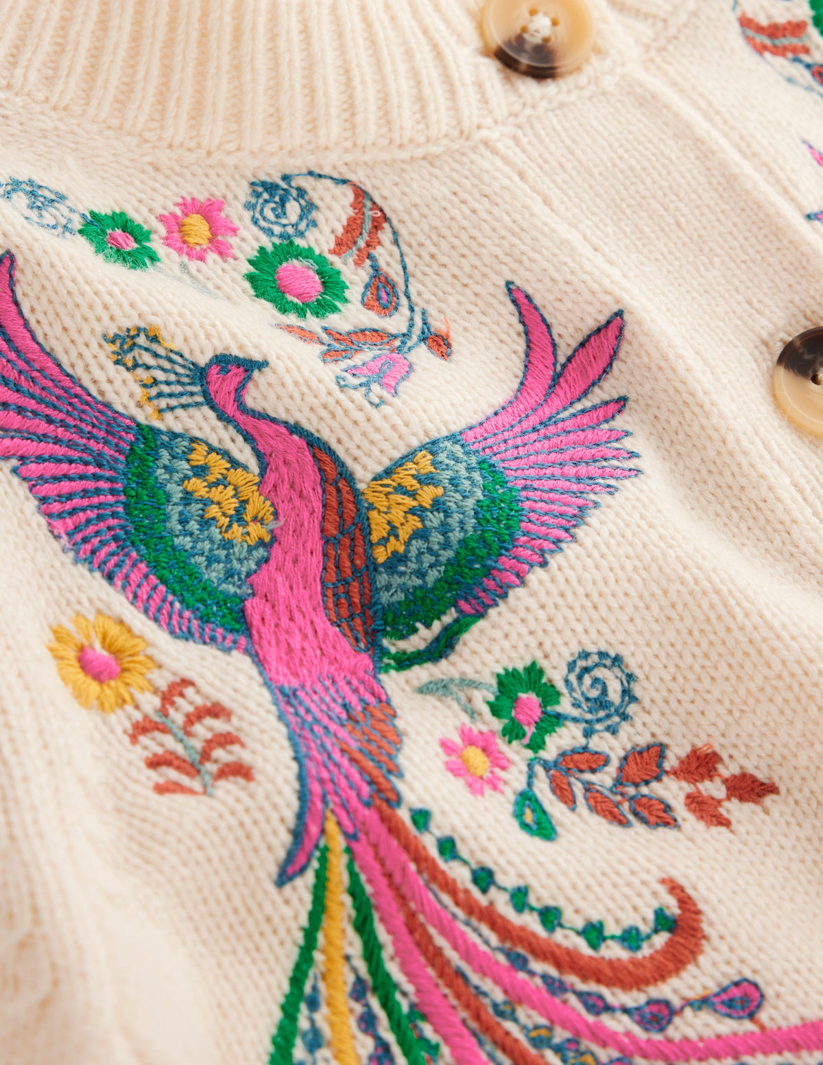 Embroidered Crew Neck Cardigan-Warm Ivory, Peacock - Image 7