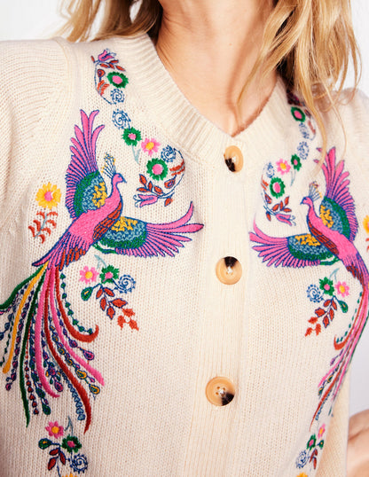 Embroidered Crew Neck Cardigan-Warm Ivory, Peacock