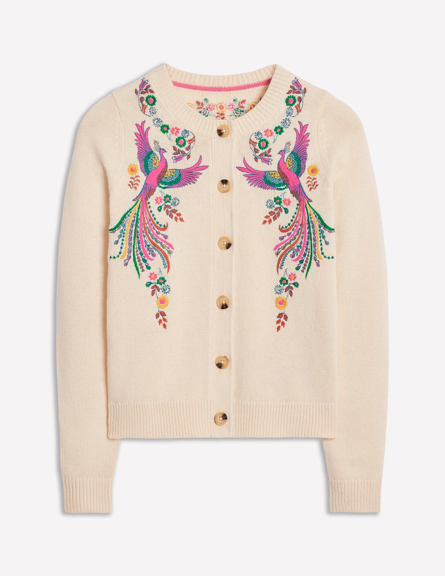 Embroidered Crew Neck Cardigan-Warm Ivory, Peacock