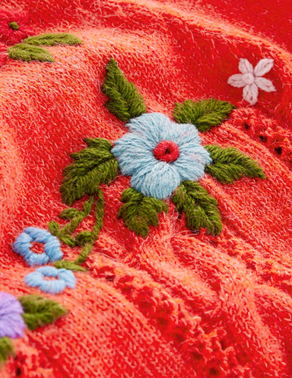 Fluffy Embroidered Cardigan-Firecracker Red