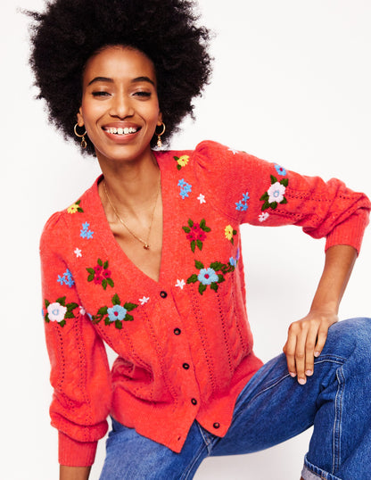 Fluffy Embroidered Cardigan-Firecracker Red