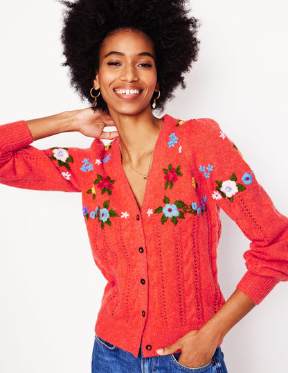 Fluffy Embroidered Cardigan-Firecracker Red