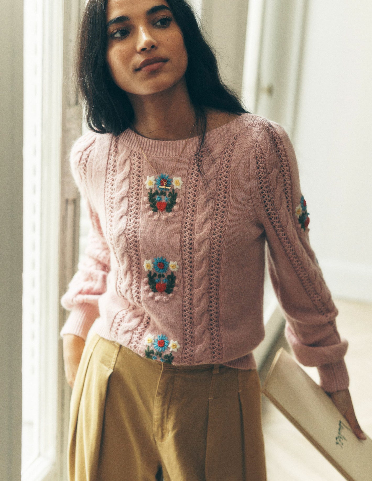 Fluffy Embroidered Sweater-Soft Lavender Pink