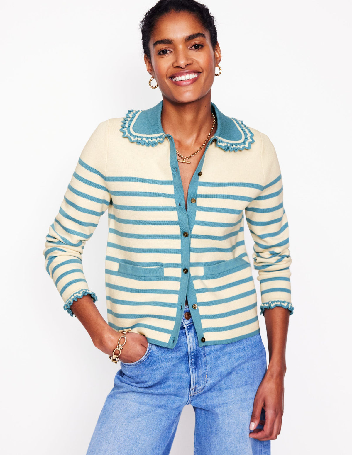 Jessie Frill Collared Cardigan-Ivory, Duck Egg Blue Stripe - Image 5