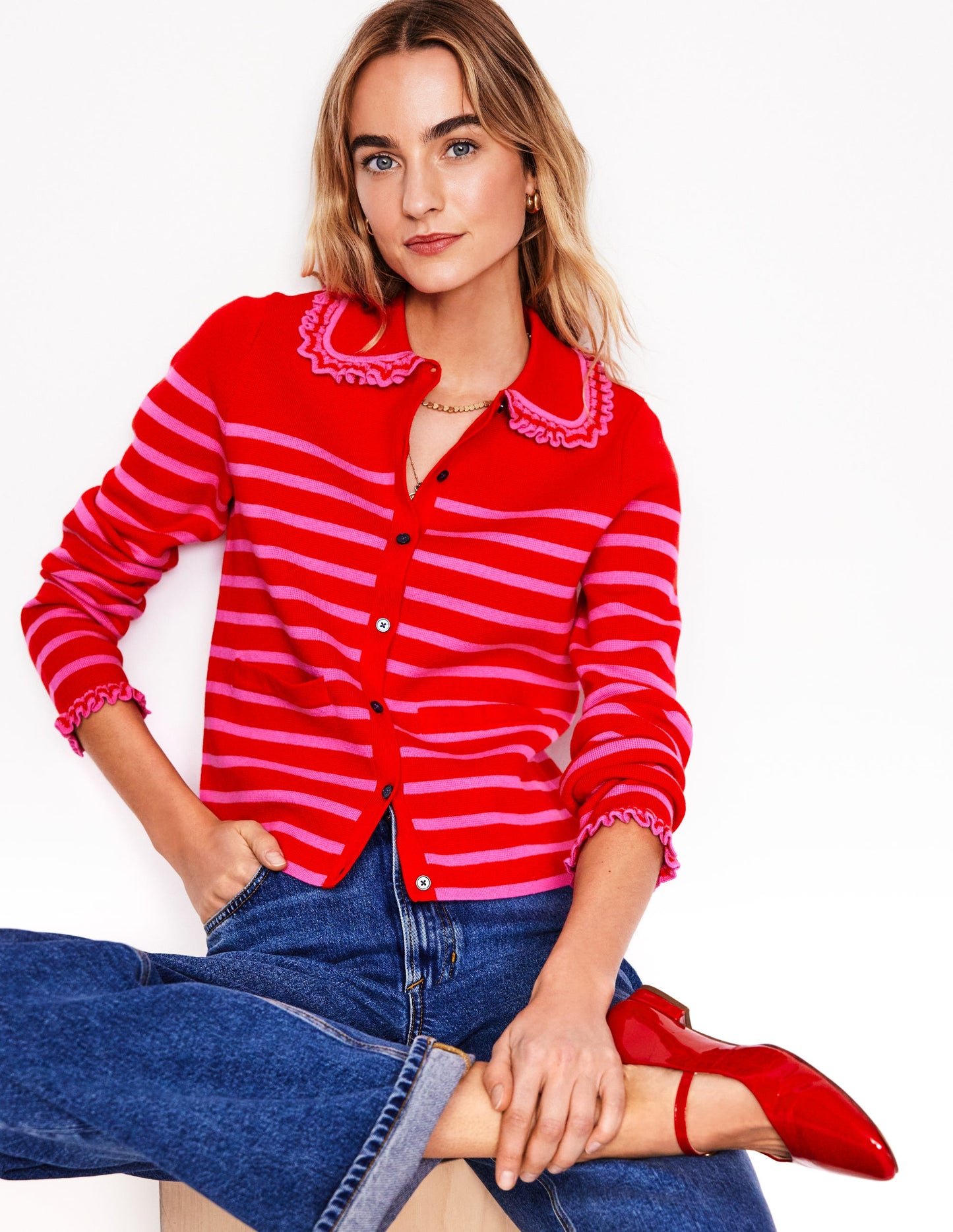 Jessie Frill Collared Cardigan-Poppy Red, Sorbet Pink Stripe