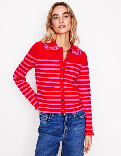 Jessie Frill Collared Cardigan-Poppy Red, Sorbet Pink Stripe