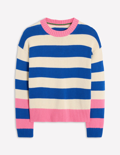 Lucinda Cotton Striped Sweater-Bright Blue, Pink Rose Cuff