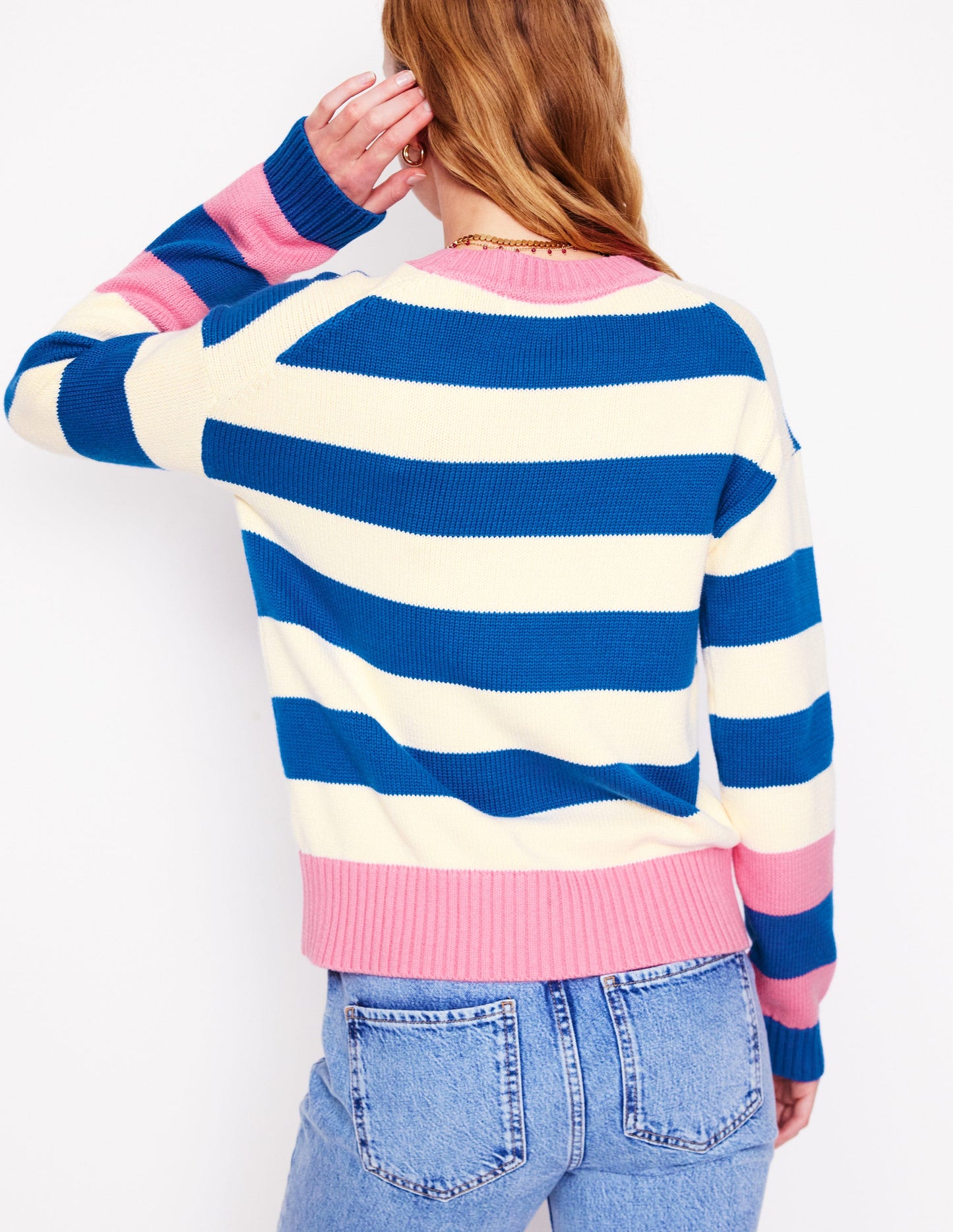 Lucinda Cotton Striped Sweater-Bright Blue, Pink Rose Cuff