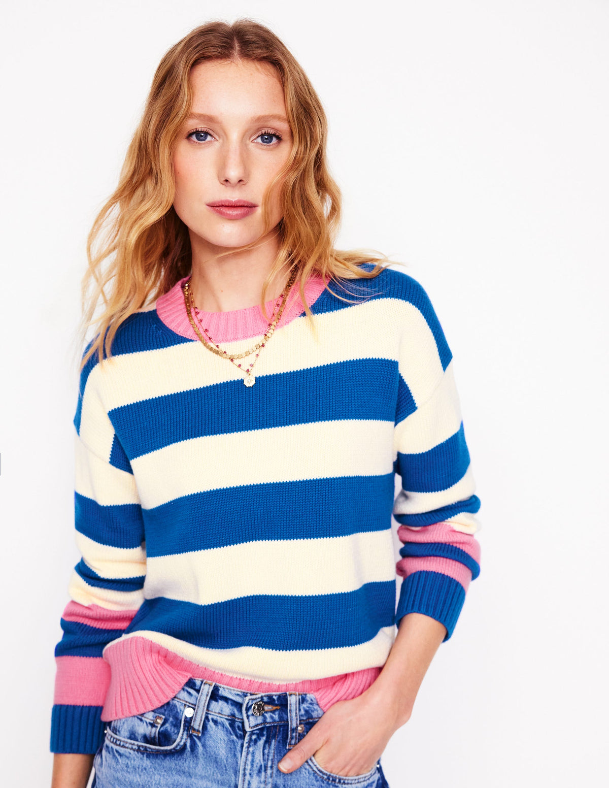 Lucinda Cotton Striped Sweater-Bright Blue, Pink Rose Cuff - Image 5