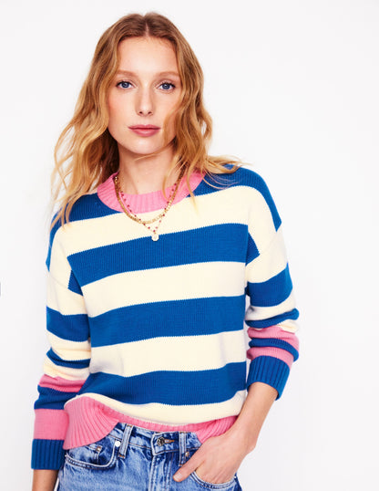 Lucinda Cotton Striped Sweater-Bright Blue, Pink Rose Cuff