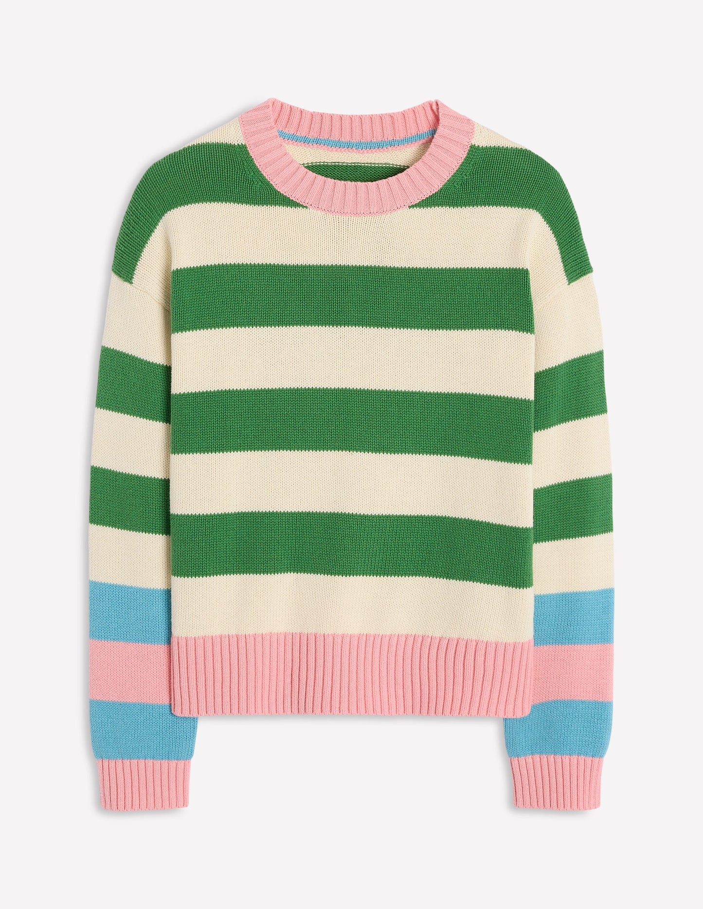 Lucinda Cotton Striped Sweater-Paradise Green, Pink Cuff