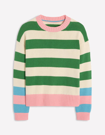 Lucinda Cotton Striped Sweater-Paradise Green, Pink Cuff