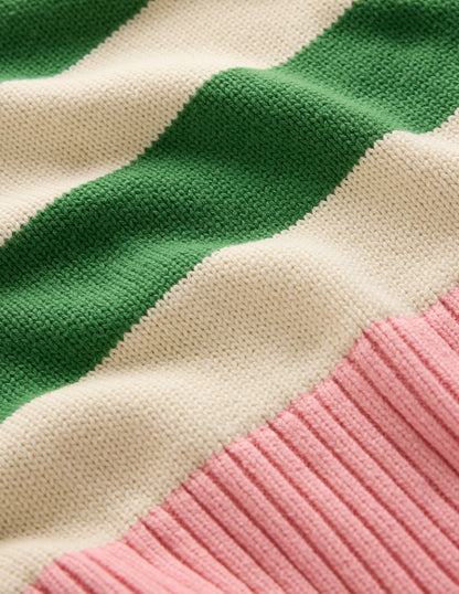 Lucinda Cotton Striped Sweater-Paradise Green, Pink Cuff