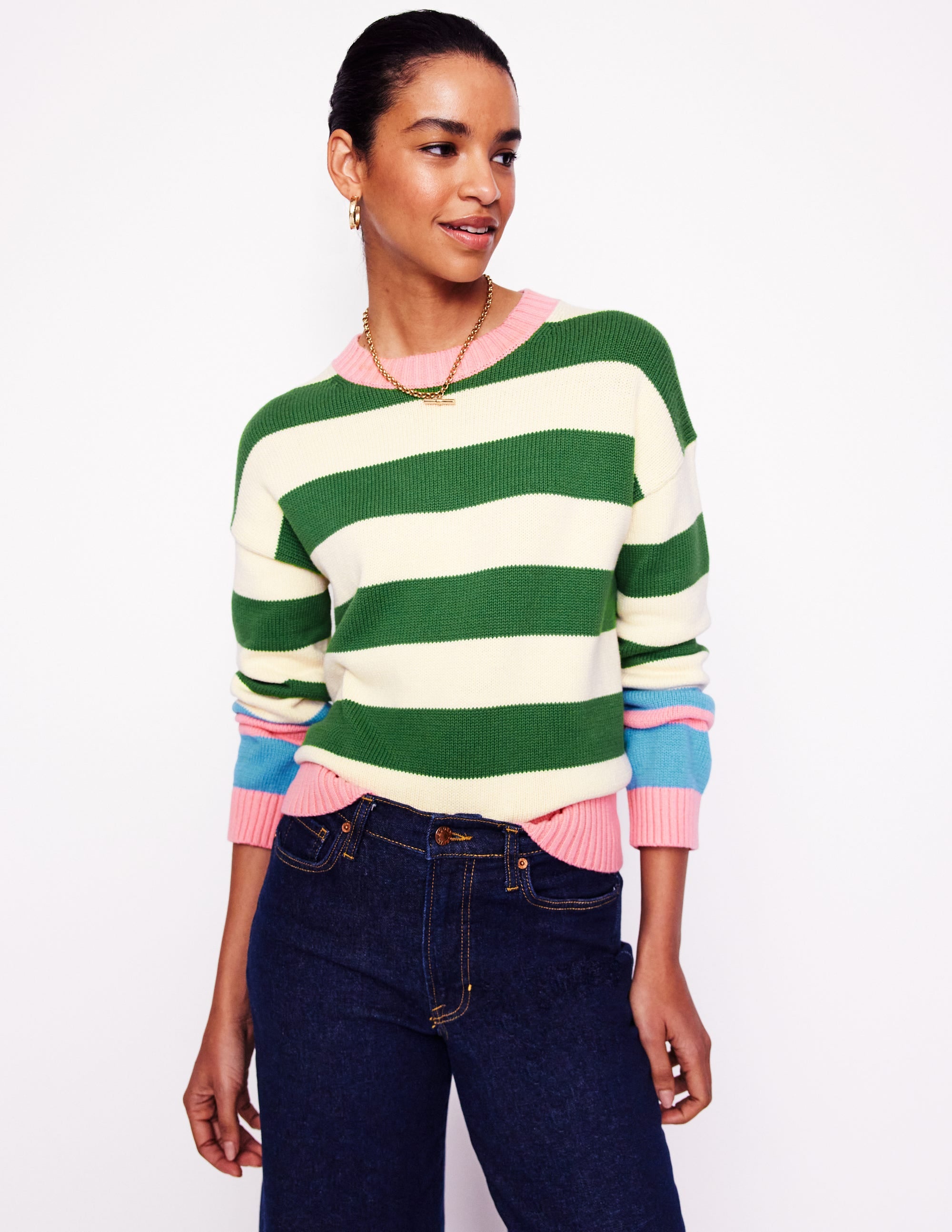 Lucinda Cotton Striped Sweater-Paradise Green, Pink Cuff - Image 1