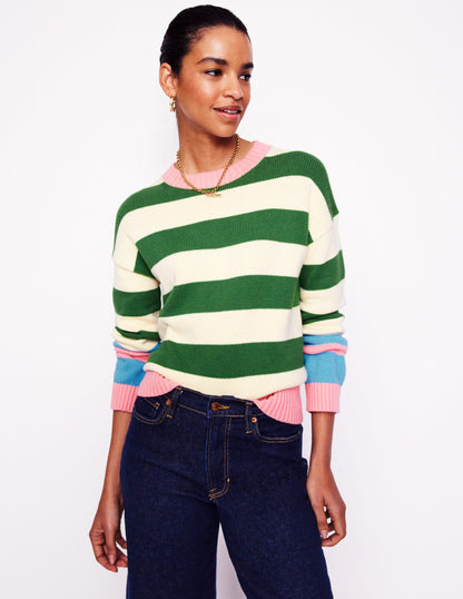 Lucinda Cotton Striped Sweater-Paradise Green, Pink Cuff