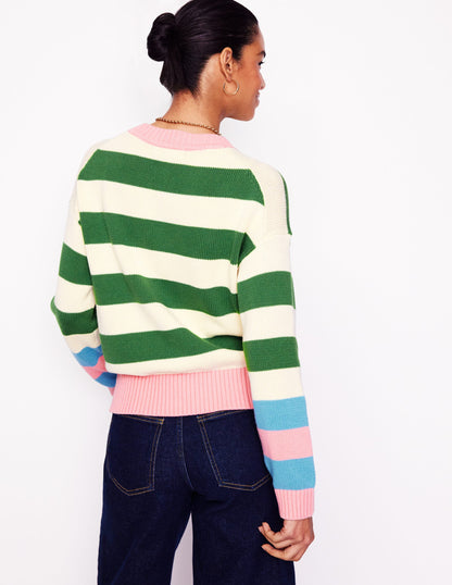 Lucinda Cotton Striped Sweater-Paradise Green, Pink Cuff