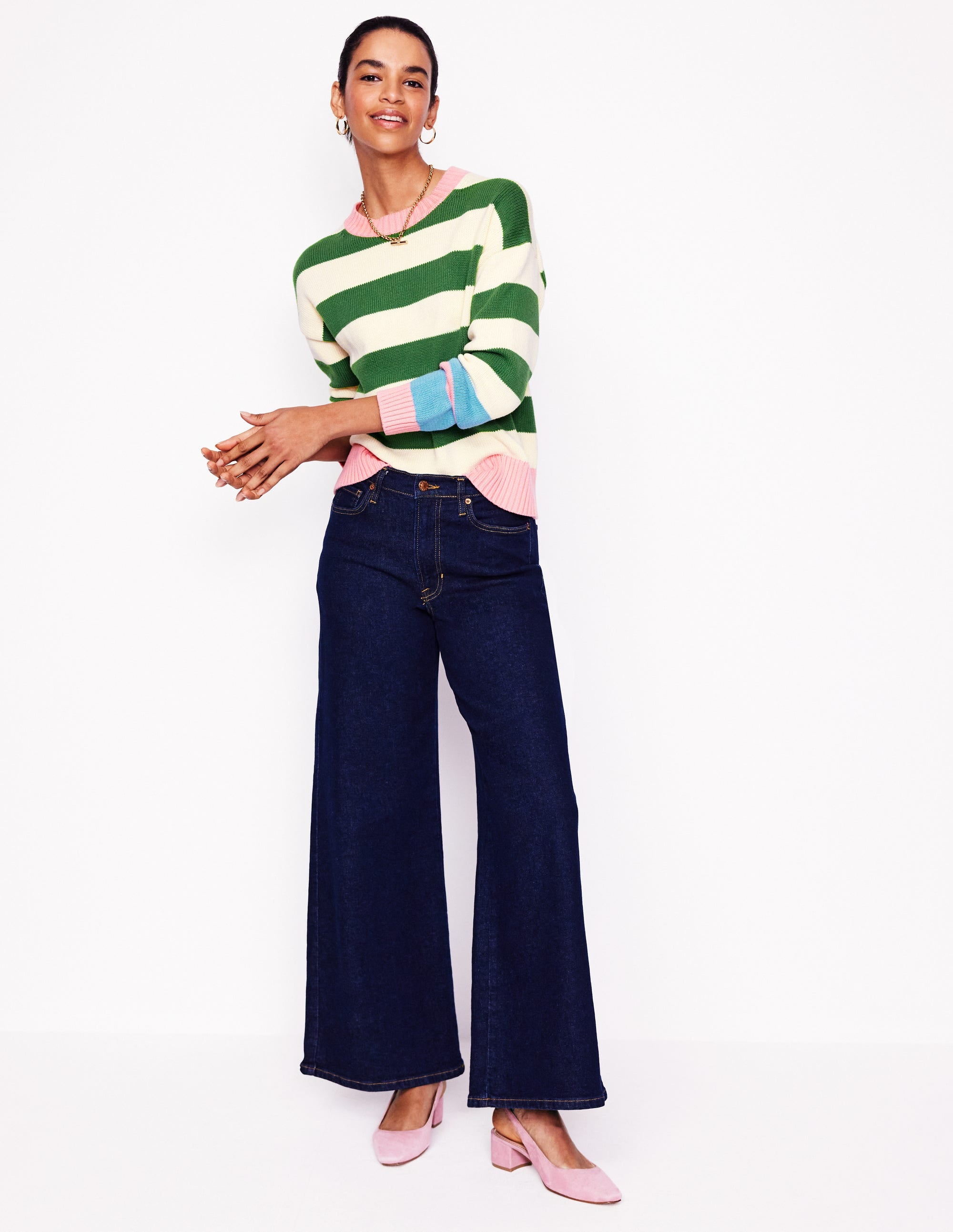 Lucinda Cotton Striped Sweater-Paradise Green, Pink Cuff - Image 4
