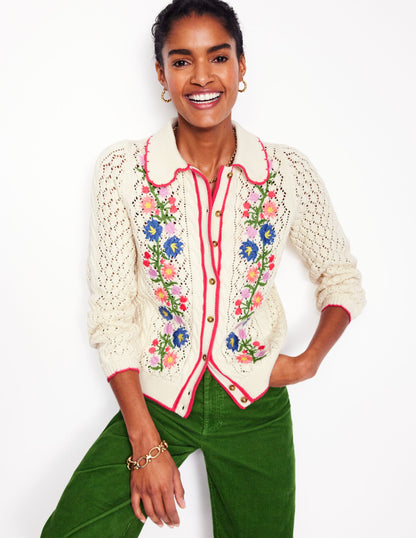 Embroidered Cotton Cardigan-Warm Ivory