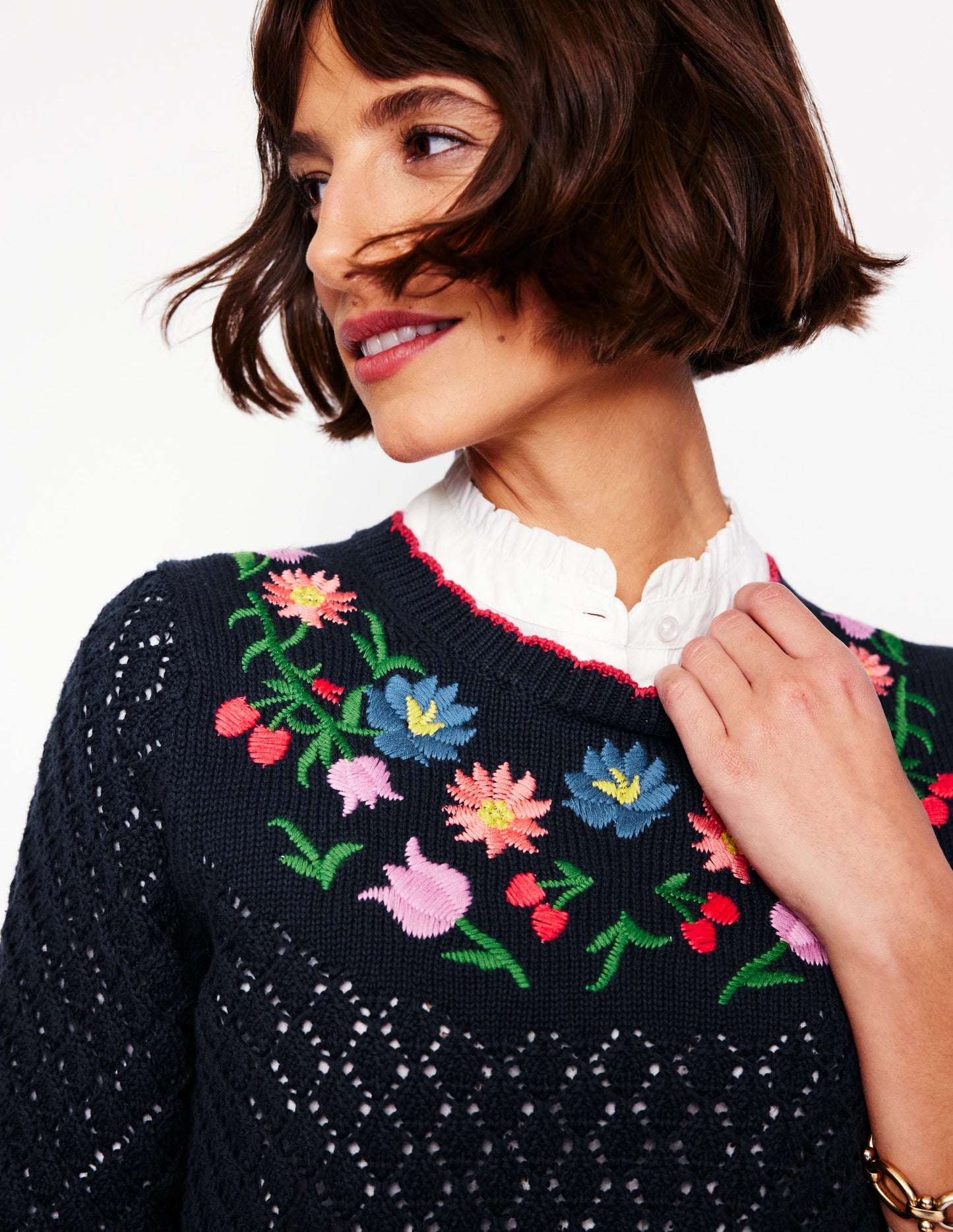 Embroidered Cotton Sweater-Navy