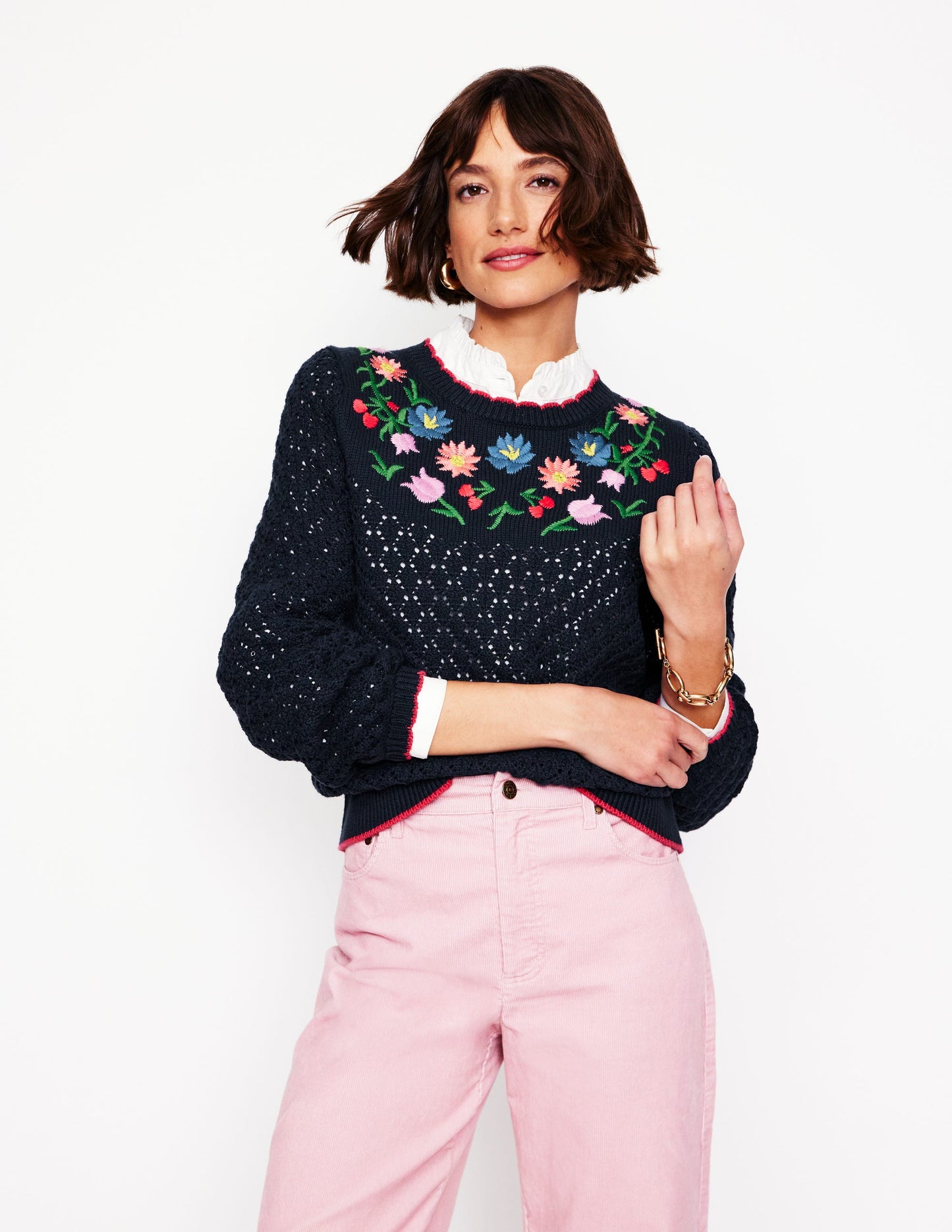 Embroidered Cotton Sweater-Navy