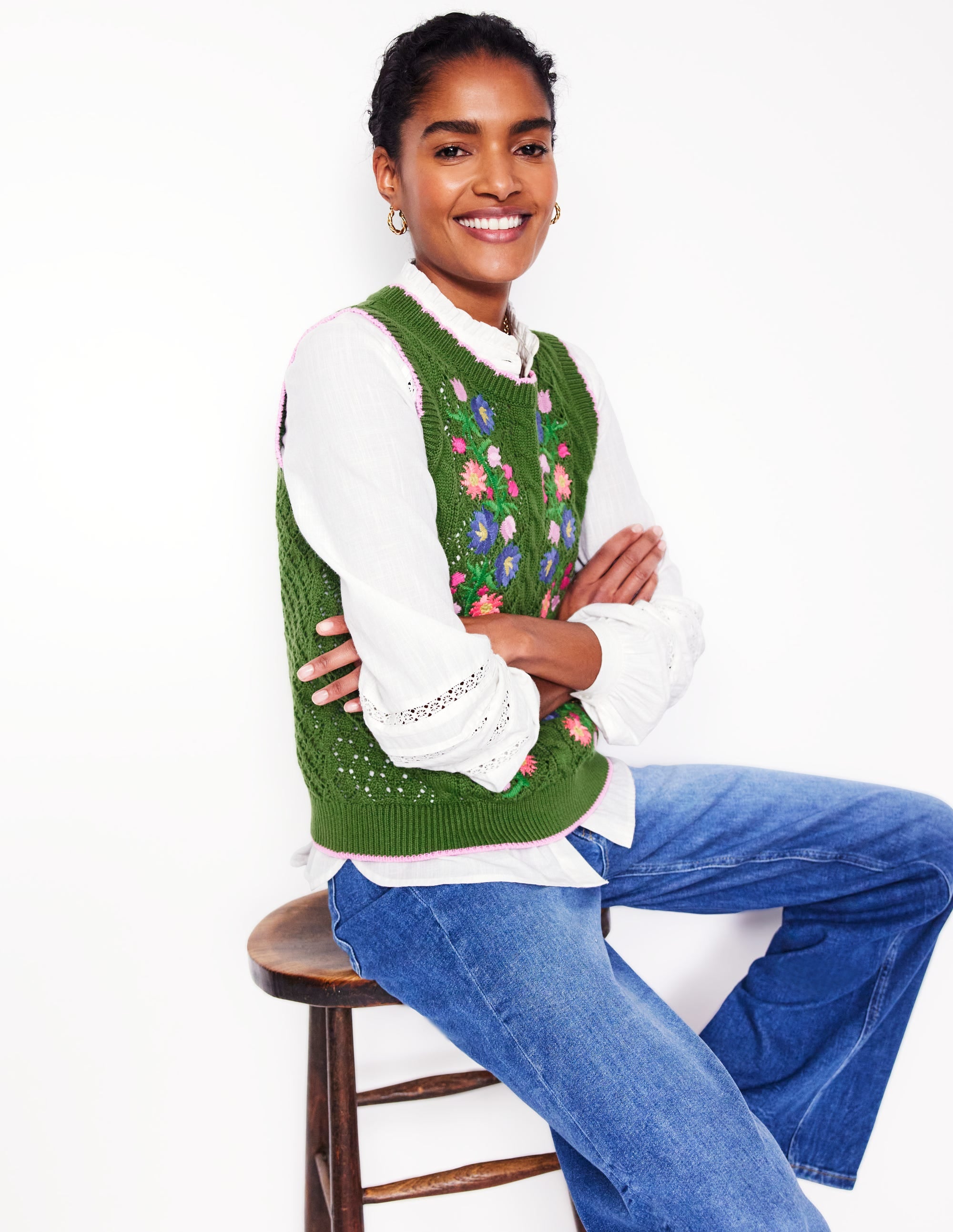 Embroidered Cotton Vest-Paradise Green - Image 1
