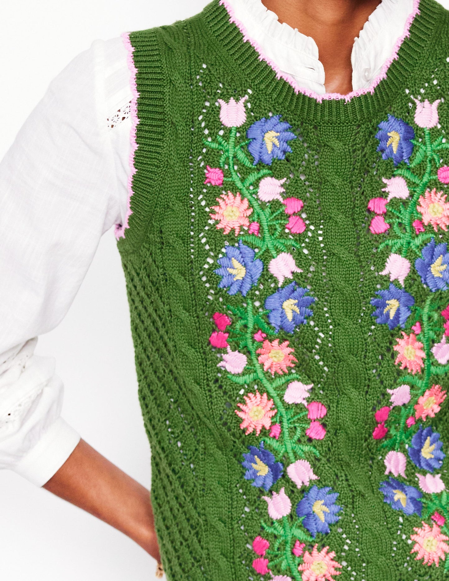 Embroidered Cotton Vest-Paradise Green