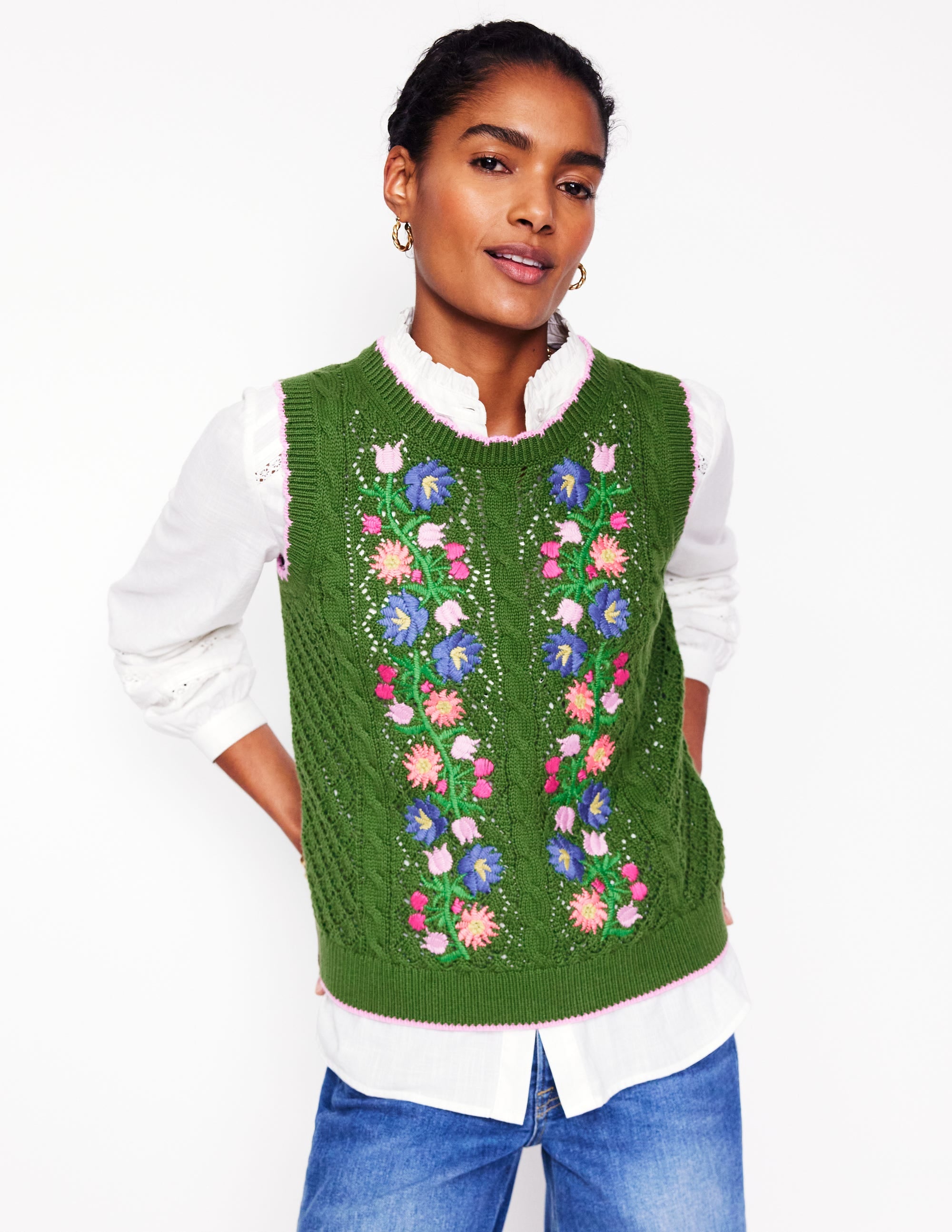 Embroidered Cotton Vest-Paradise Green - Image 5