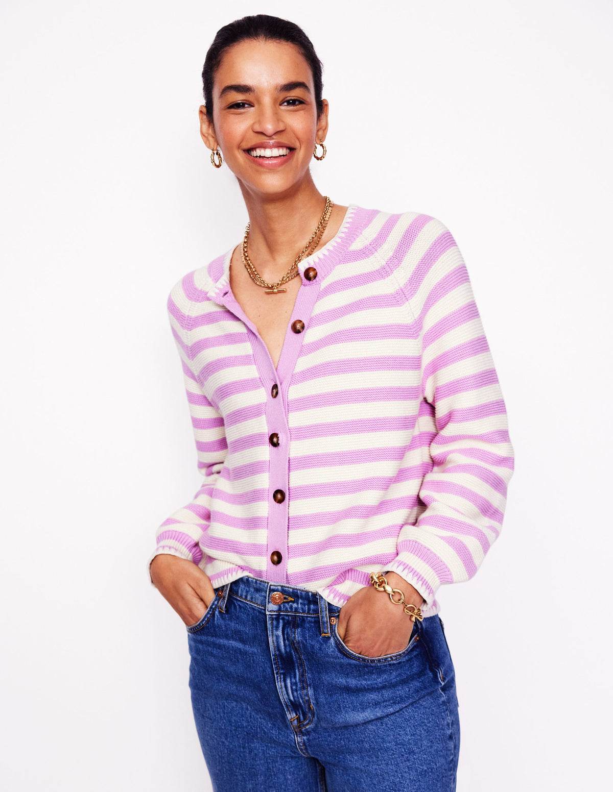 Lena Stitch Detail Cardigan-Soft Lavender and Ivory Stripe - Image 1
