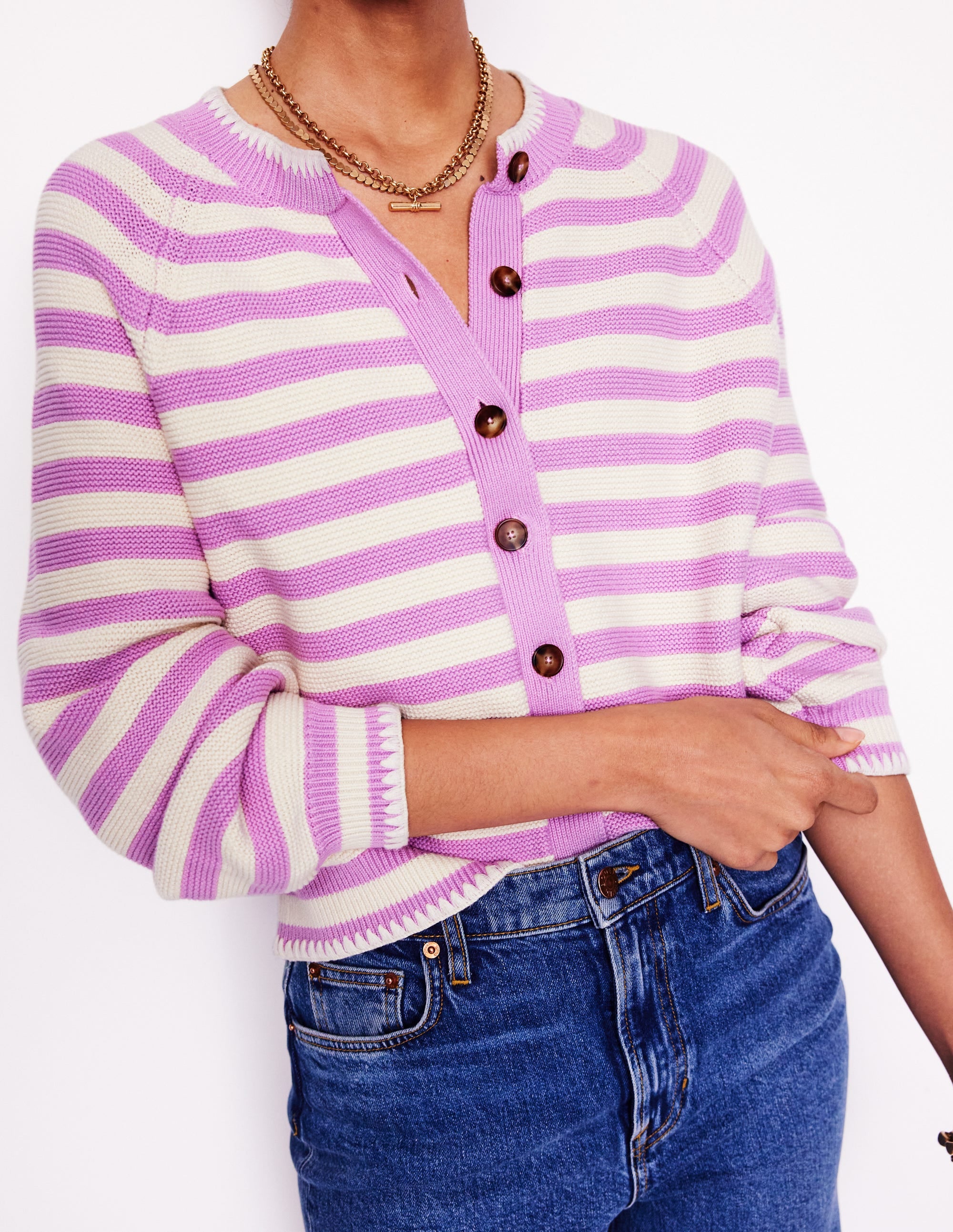 Lena Stitch Detail Cardigan-Soft Lavender and Ivory Stripe - Image 2