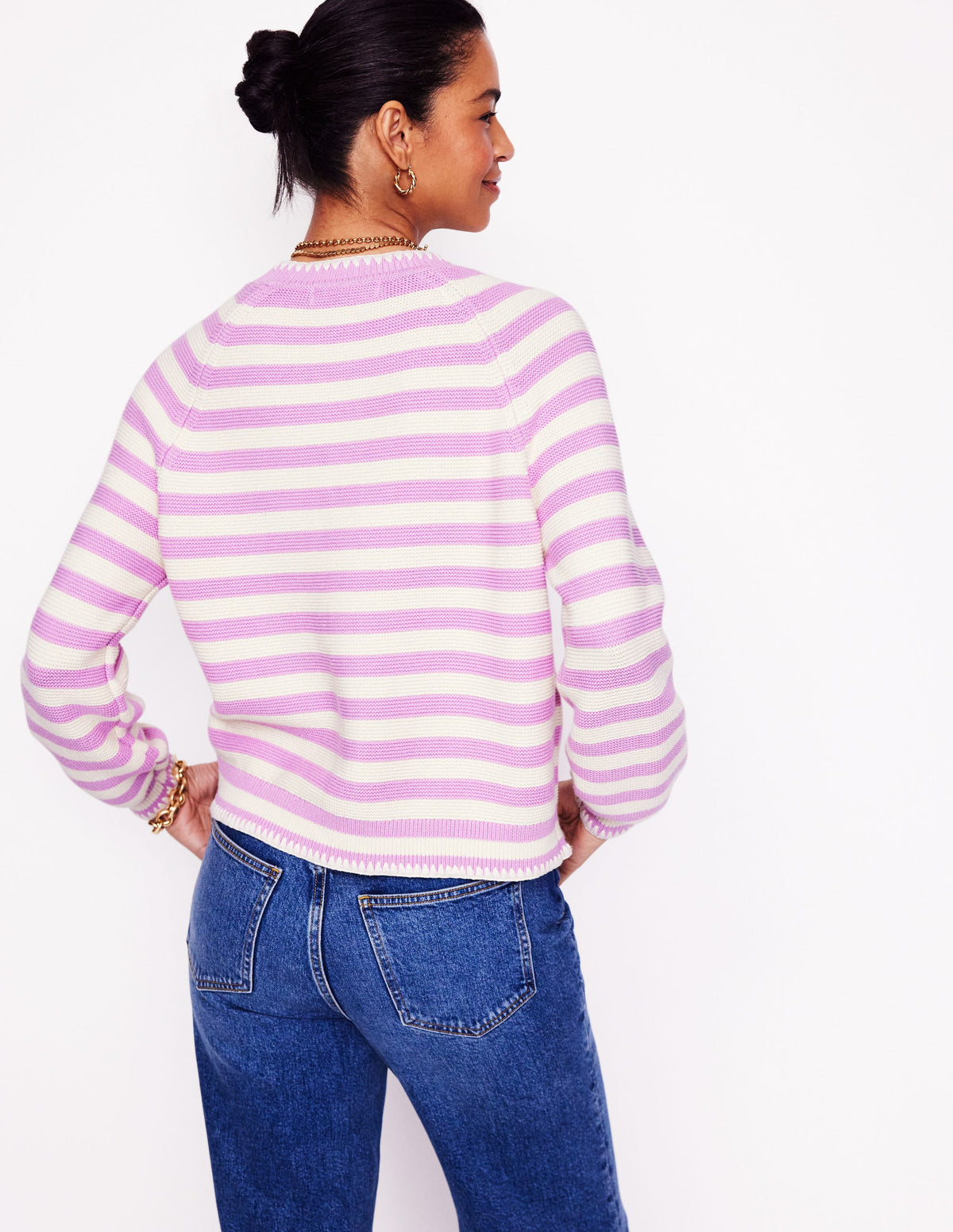 Lena Stitch Detail Cardigan-Soft Lavender and Ivory Stripe - Image 3
