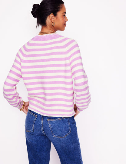 Lena Stitch Detail Cardigan-Soft Lavender and Ivory Stripe