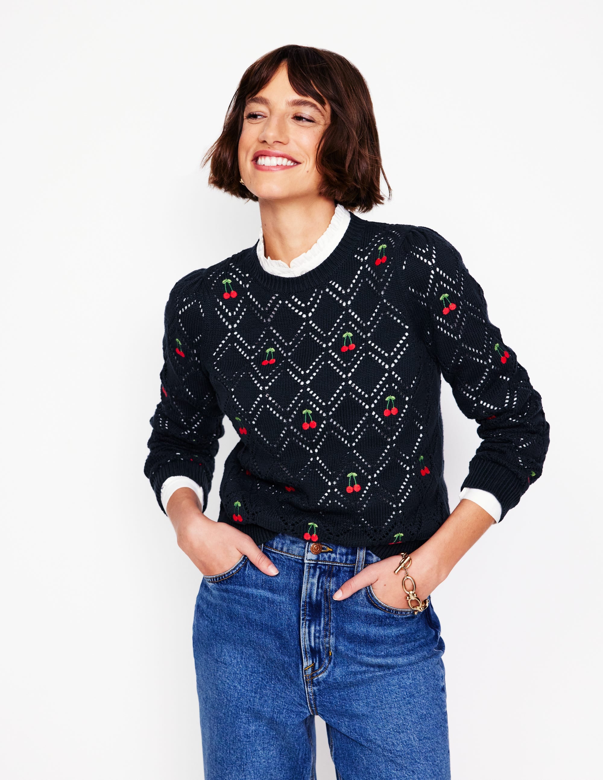 Enid Embroidered Sweater-Navy, Cherries - Image 1