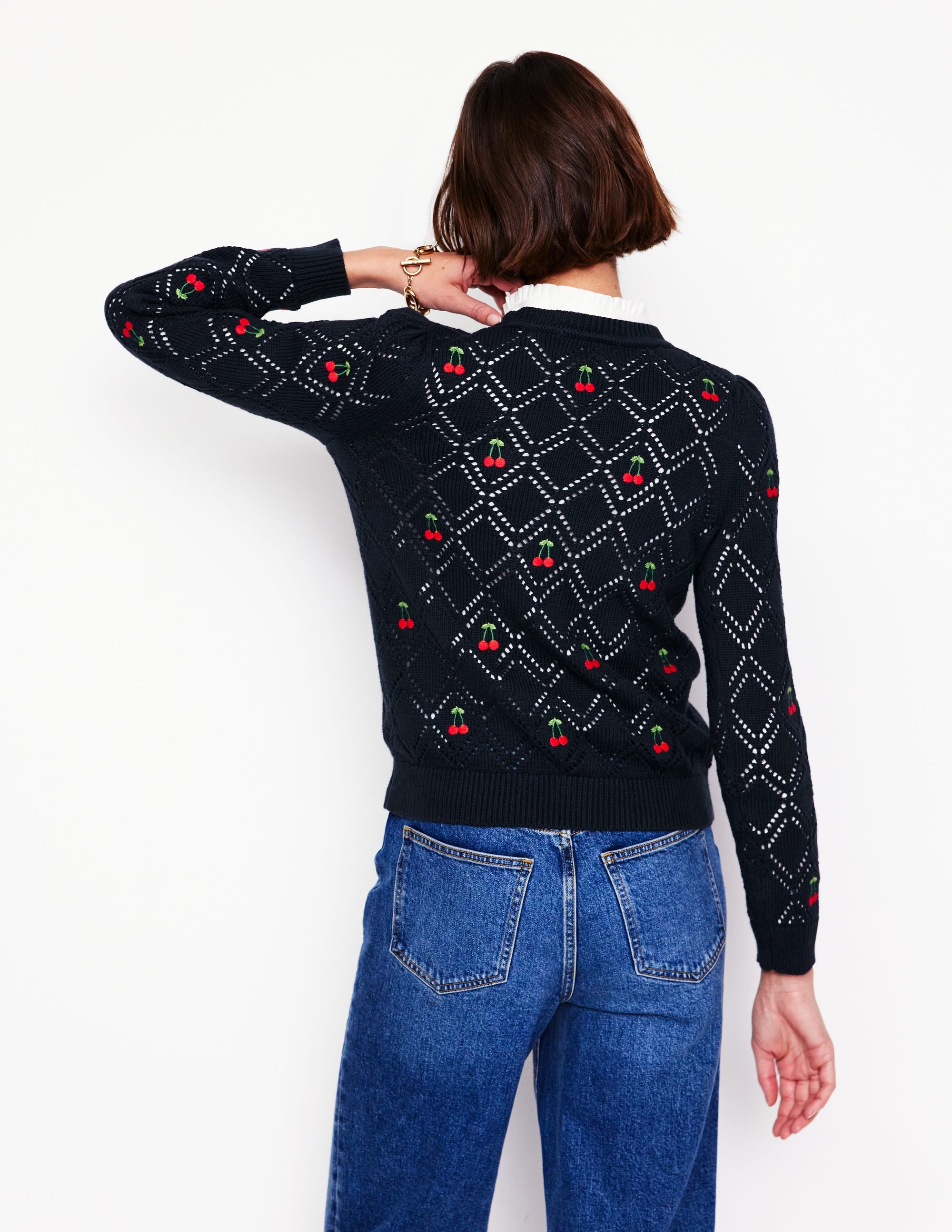 Enid Embroidered Sweater-Navy, Cherries - Image 4
