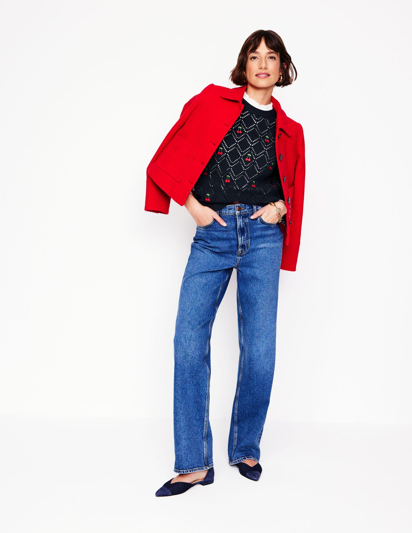 Enid Embroidered Sweater-Navy, Cherries