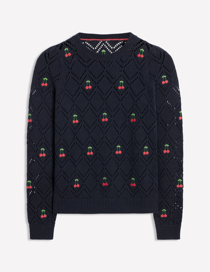 Enid Embroidered Sweater-Navy, Cherries