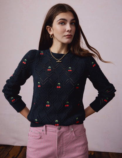 Enid Embroidered Sweater-Navy, Cherries