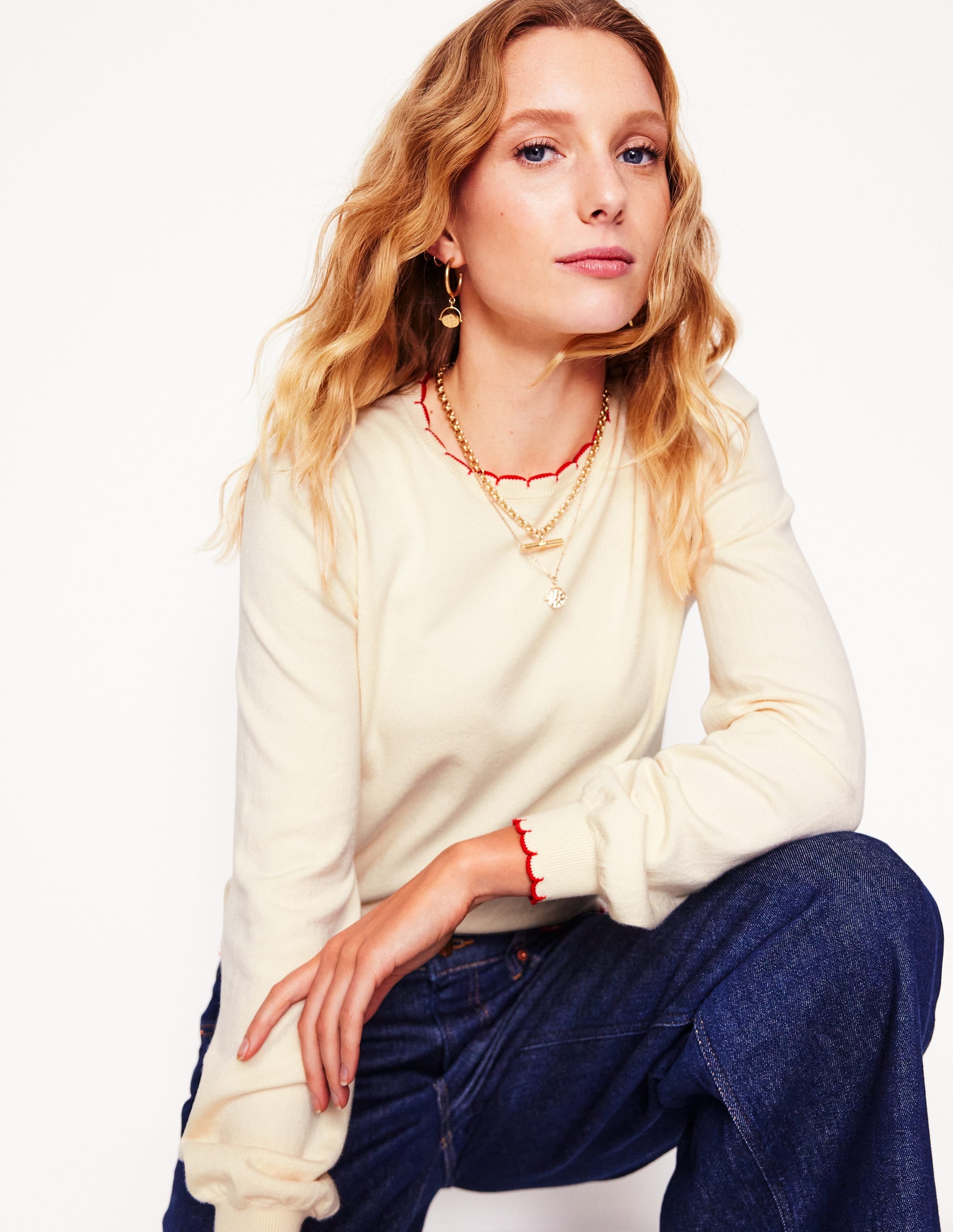 Pru Scallop Trim Sweater-Warm Ivory - Image 5