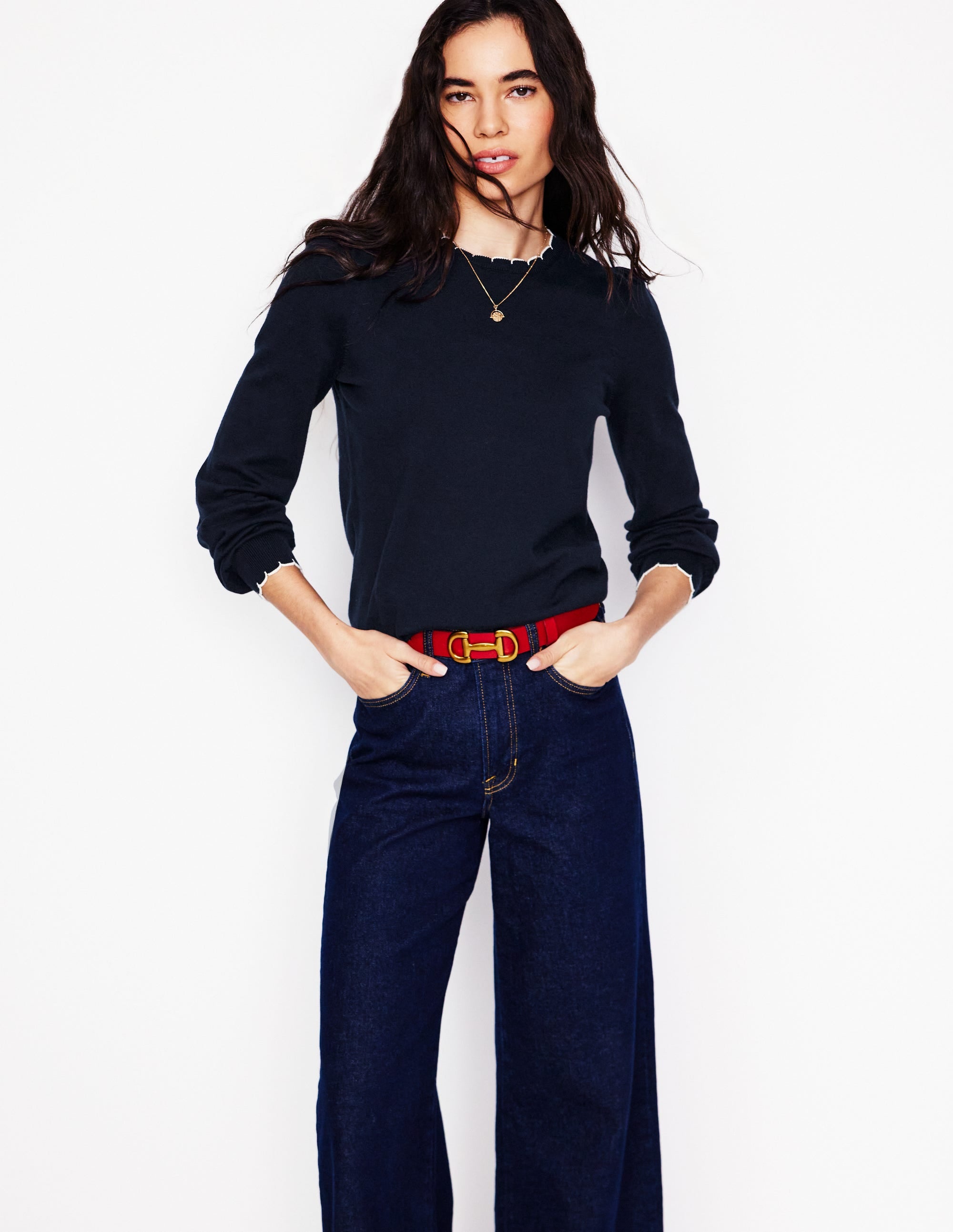 Pru Scallop Trim Sweater-Navy - Image 1