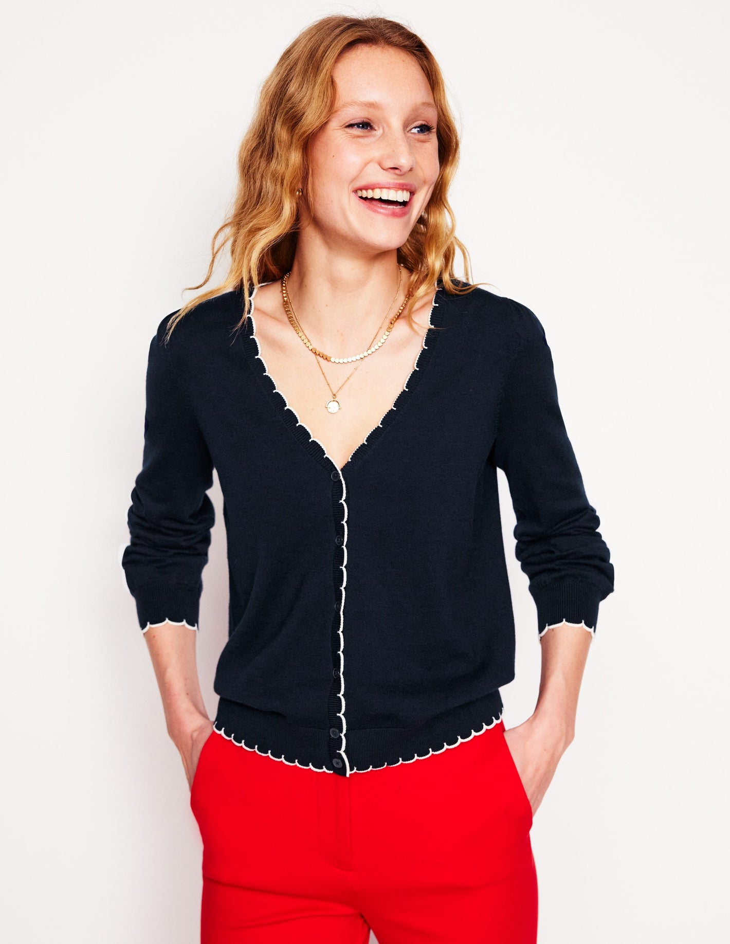 Pru Scallop Trim Cardigan-Navy