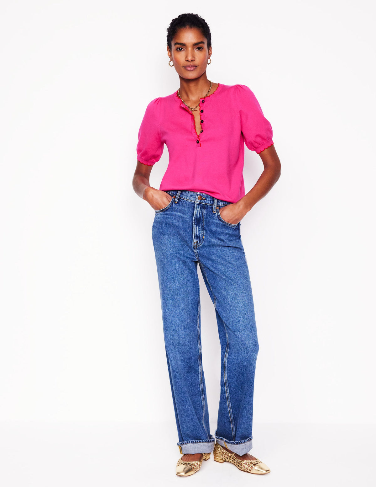 Pru Scallop Trim T-shirt-Pink Peony - Image 1