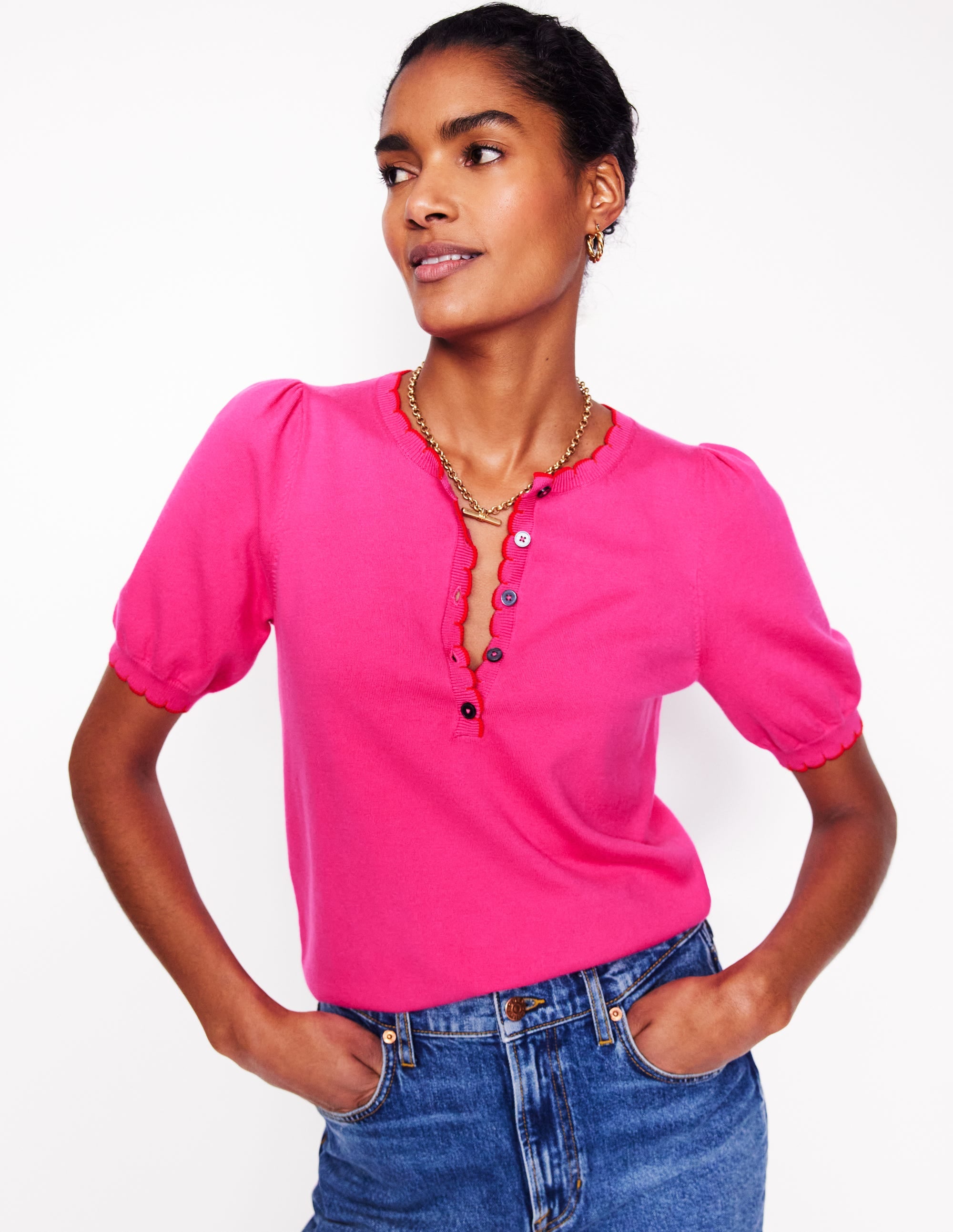 Pru Scallop Trim T-shirt-Pink Peony - Image 4