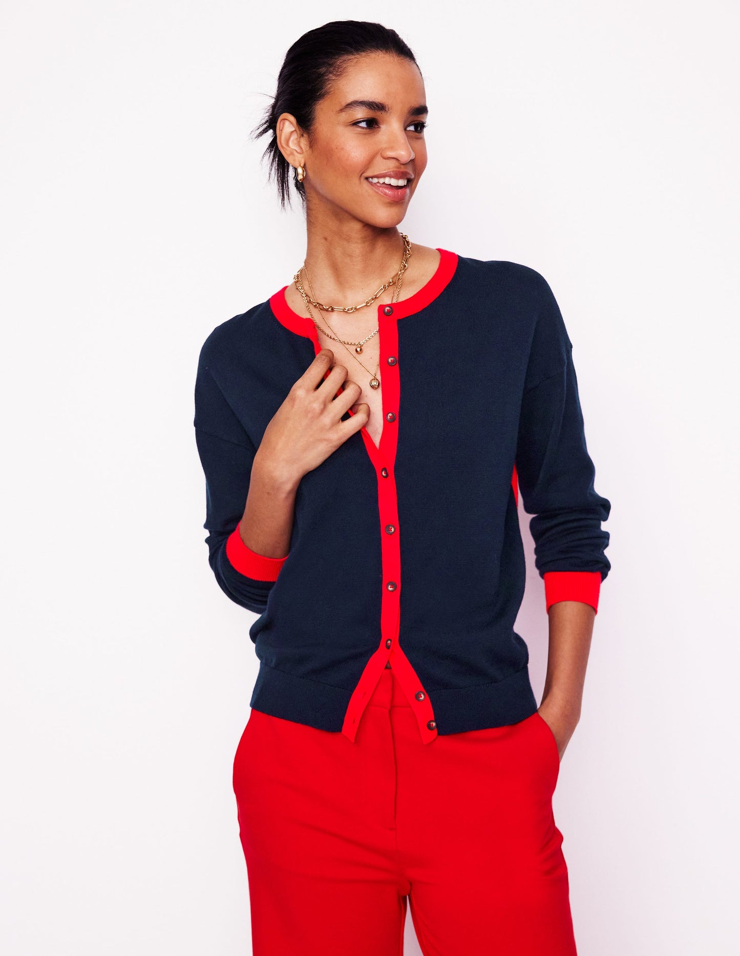 Lara Relaxed Cotton Cardigan-Navy, Poppy Red