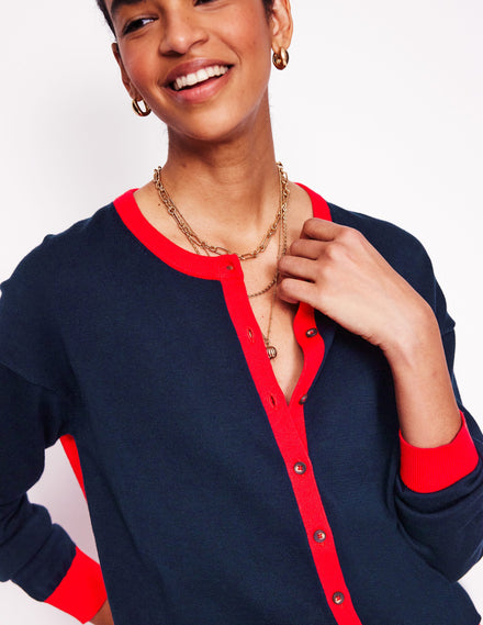 Lara Relaxed Cotton Cardigan-Navy, Poppy Red