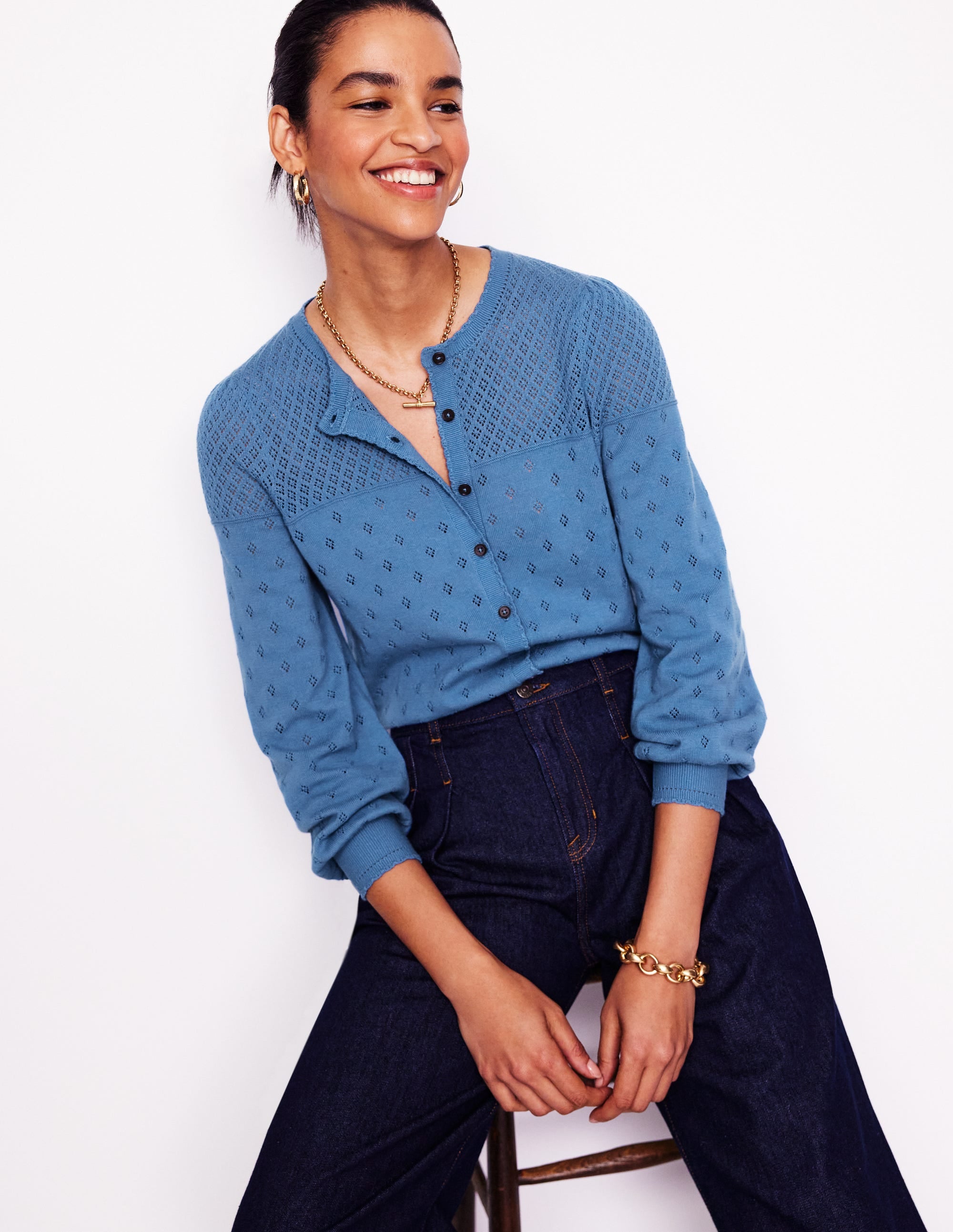 Rosalie Pointelle Cardigan-Blue River Blue - Image 4