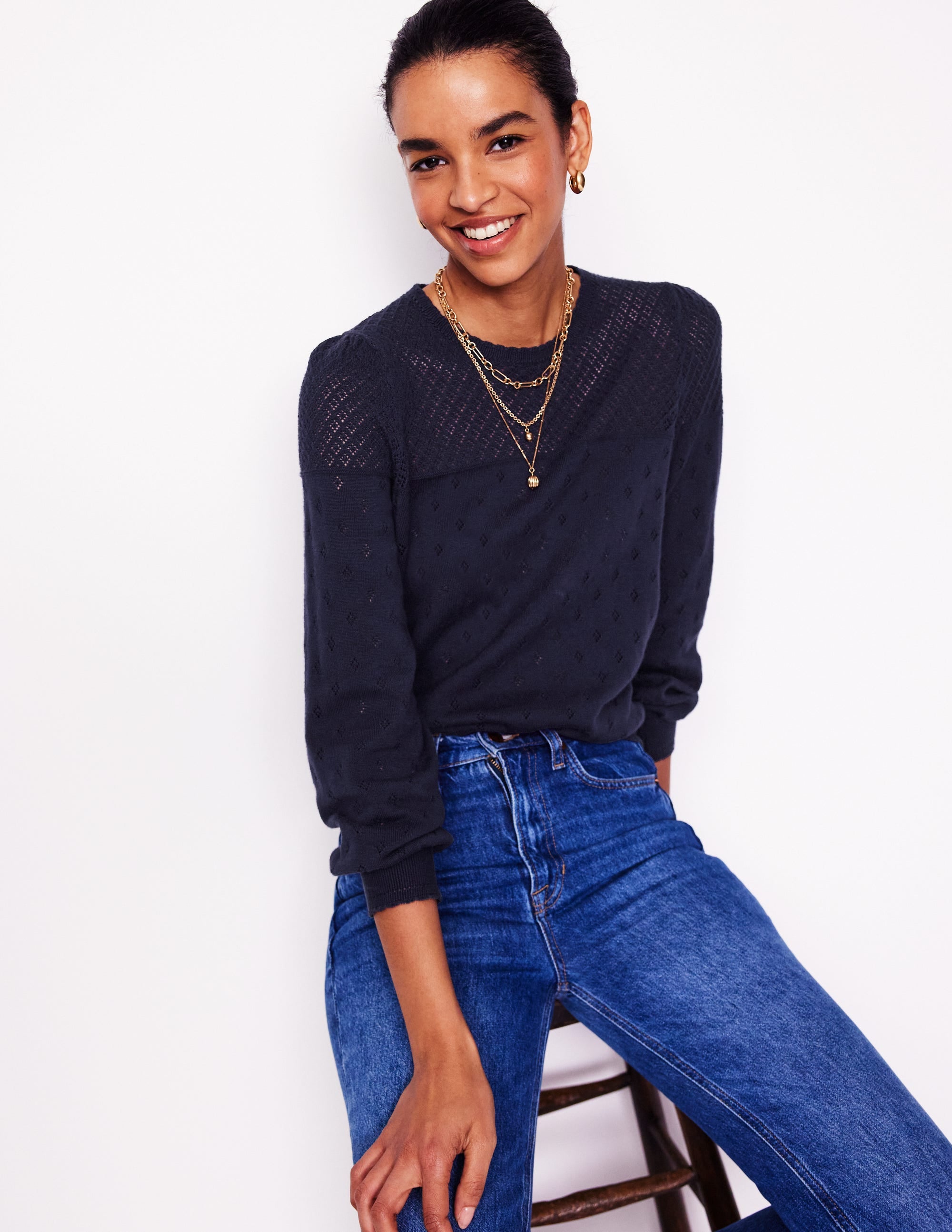 Rosalie Pointelle Sweater-Navy - Image 1