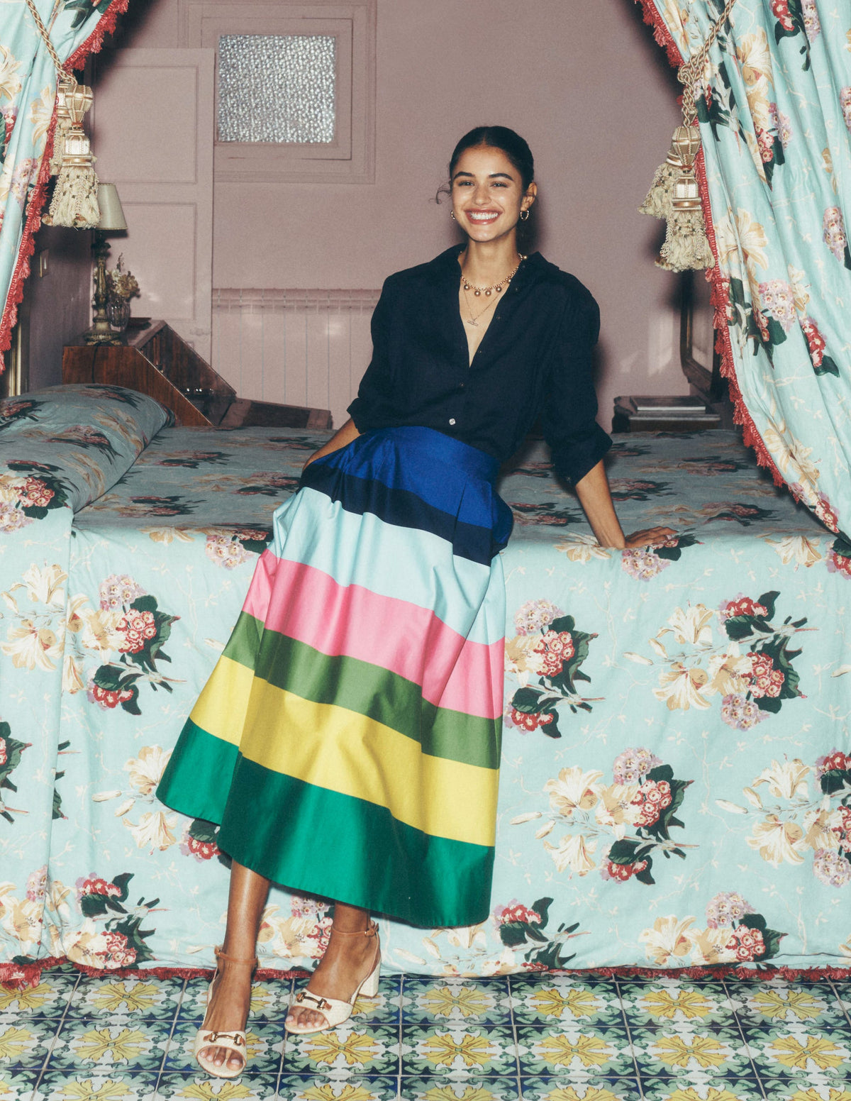 Isabella Cotton Sateen Skirt-Green and Pink Wide Stripe - Image 2